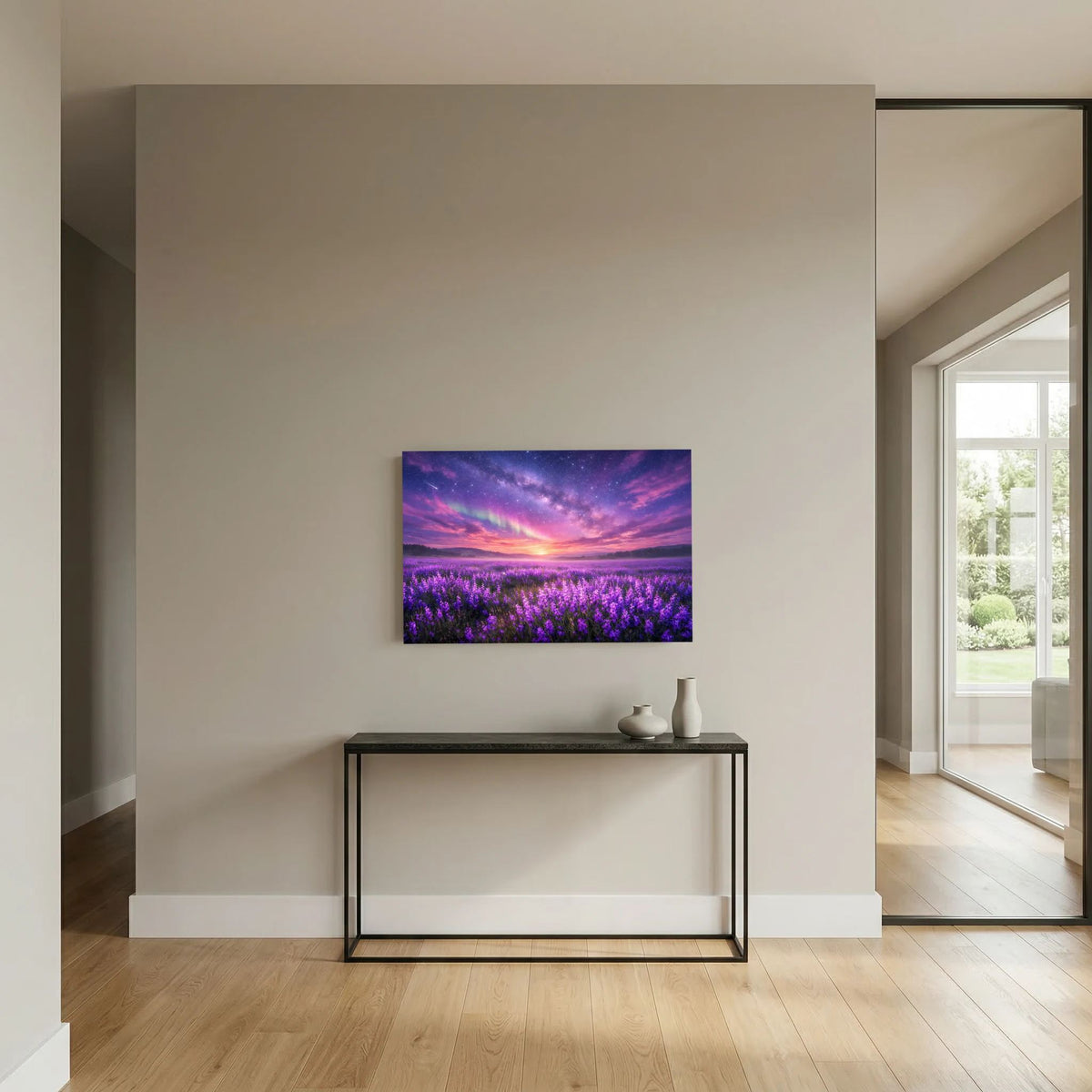 Querformat-Wandbild auf weißer Wand: Lavendelfeld unter Sternenhimmel beim Sonnenuntergang