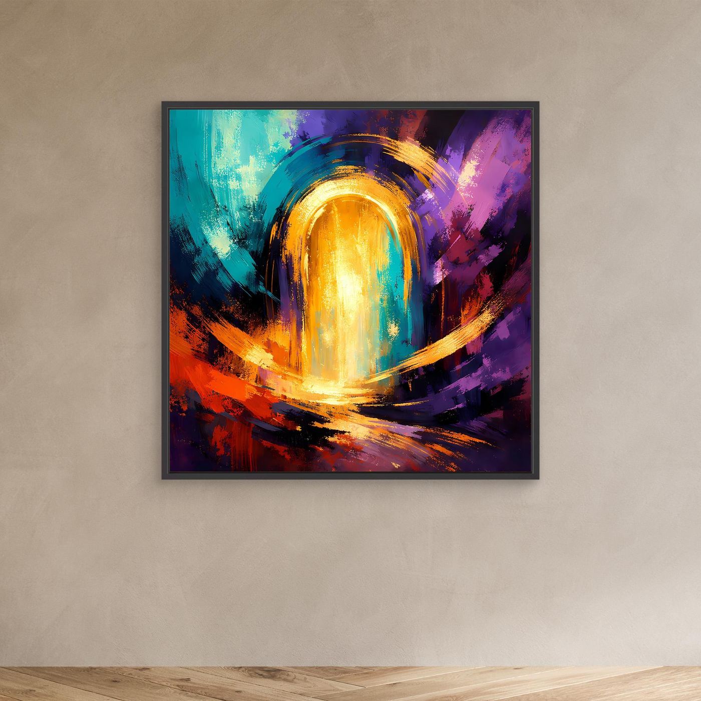 Abstraktes Leinwand-Wandbild mit goldenem Lichttor im schwarzen Rahmen; Farbflächen in Blau, Lila, Orange