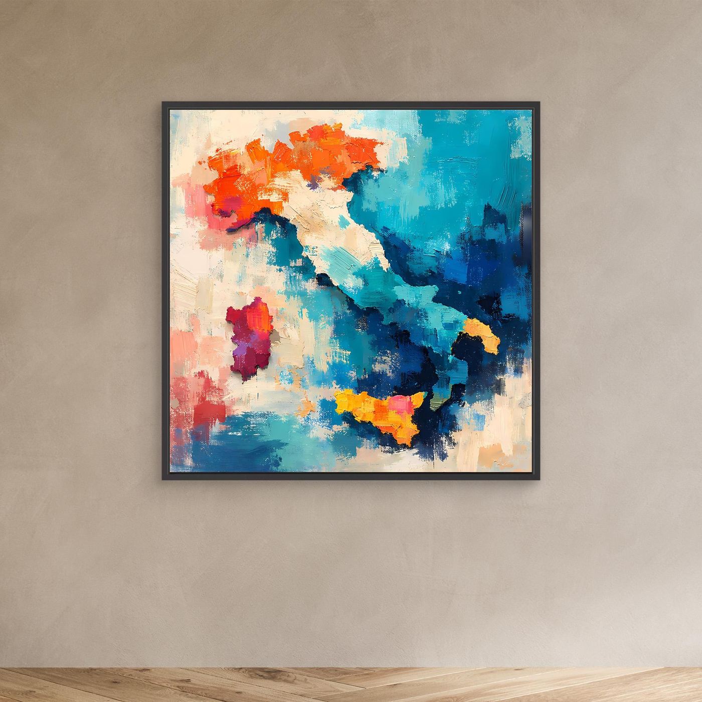 Abstract Italy map wall canvas with blue and orange accents in black frame