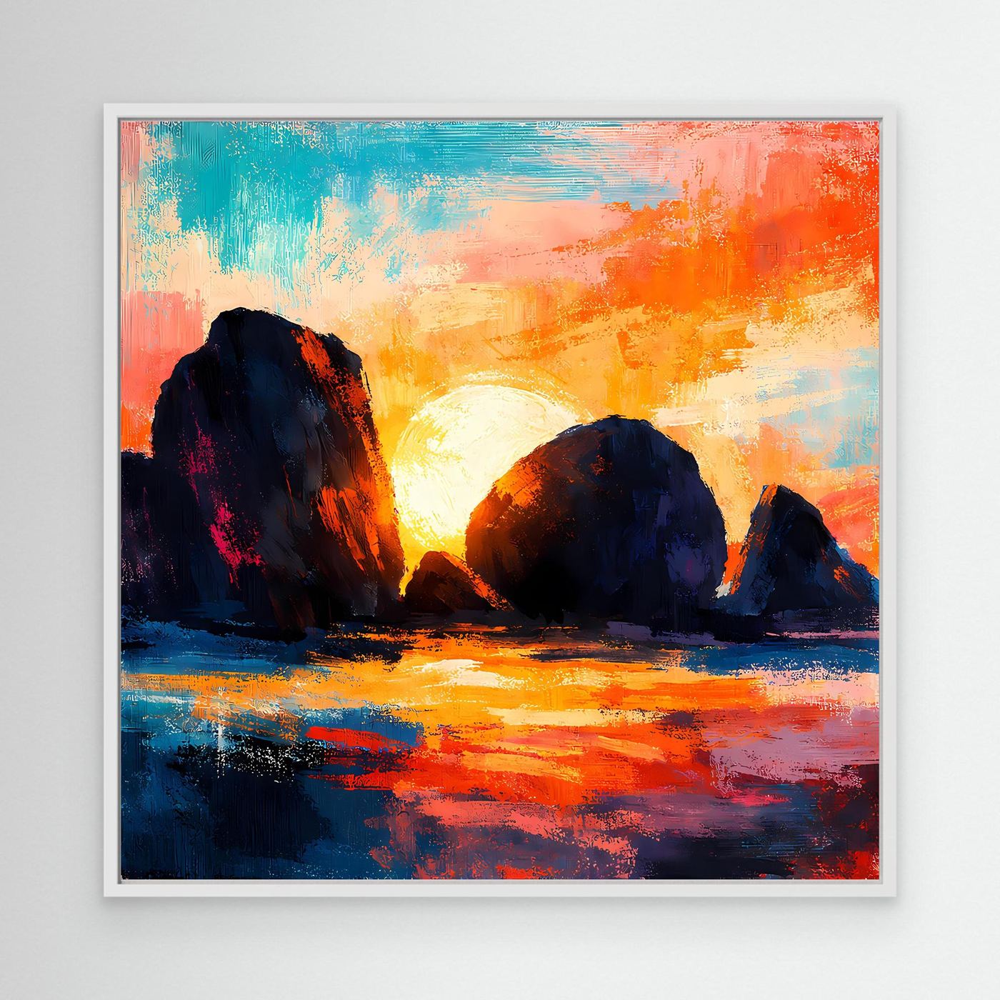 Abstraktes Küsten-Leinwandbild mit weißem Rahmen: dunkle Felsen, Sonne und Spiegelung im Meer