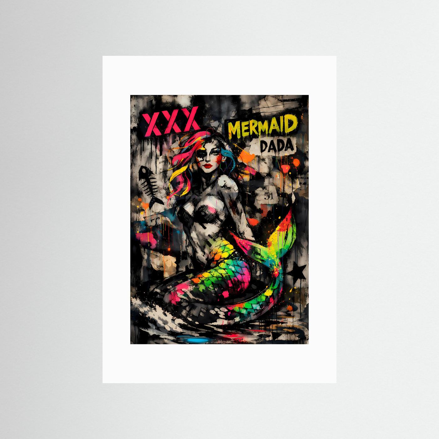 Rebellische Wellen | Meerjungfrau Poster im Grunge- & Graffiti-Style | Abstraktes Kunstposter Hochformat