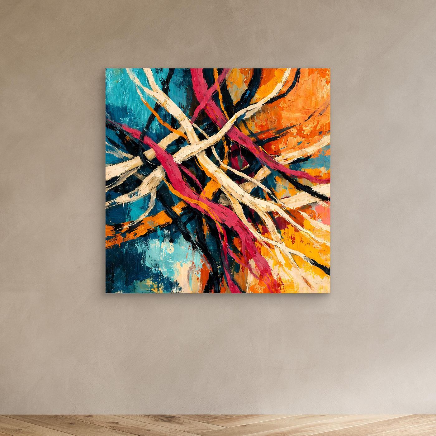 Leinwand-Wandbild mit abstraktem Liniengeflecht, ohne Rahmen, mehrfarbige Pinselstriche