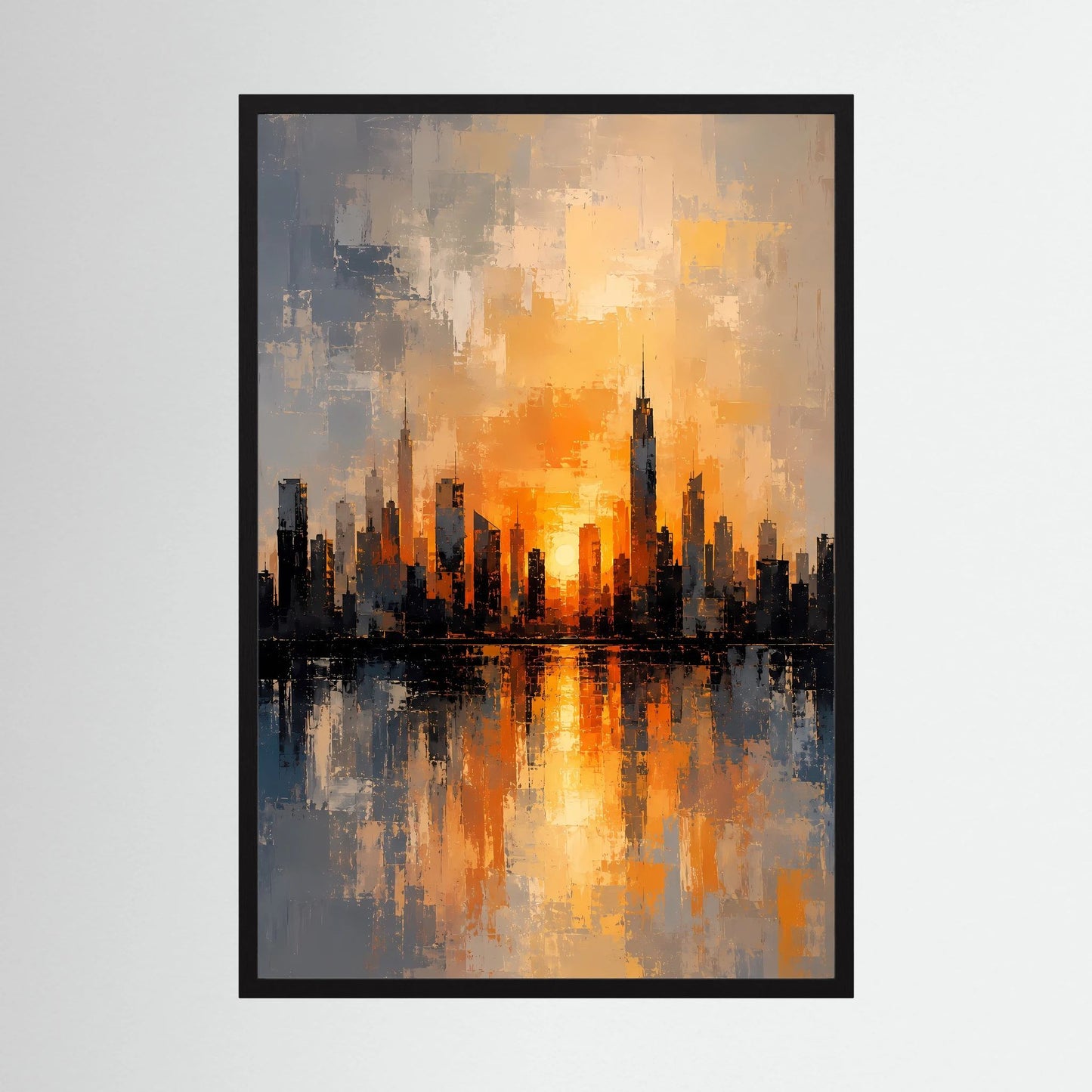 Poster Hochformat mit abstrakter City-Skyline, Sonnenuntergang in Orange und Grau, schwarzer Rahmen