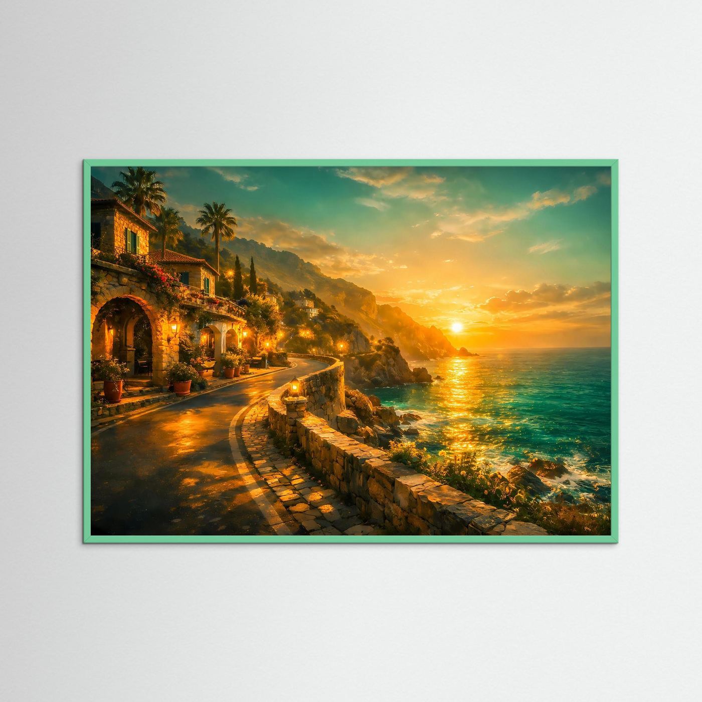 Poster Amalfiküste im goldenen Sonnenuntergang | Majestätisches Mediterranes Wandbild