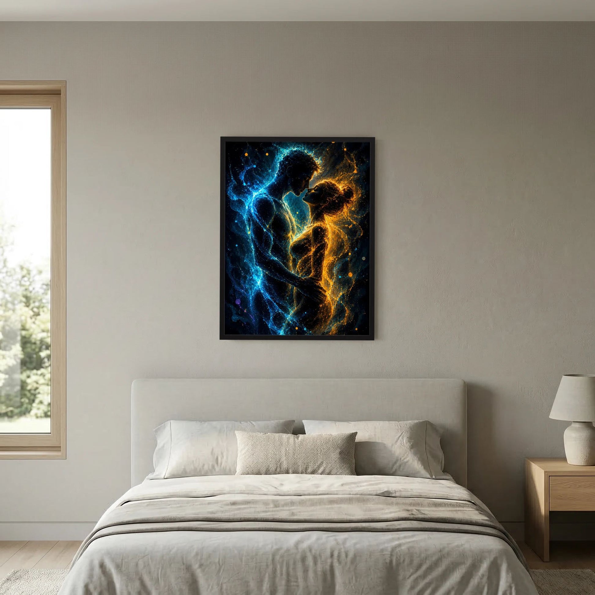 Poster im Hochformat mit abstraktem Paar in Blau und Gold, zentraler schwarzer Rahmen