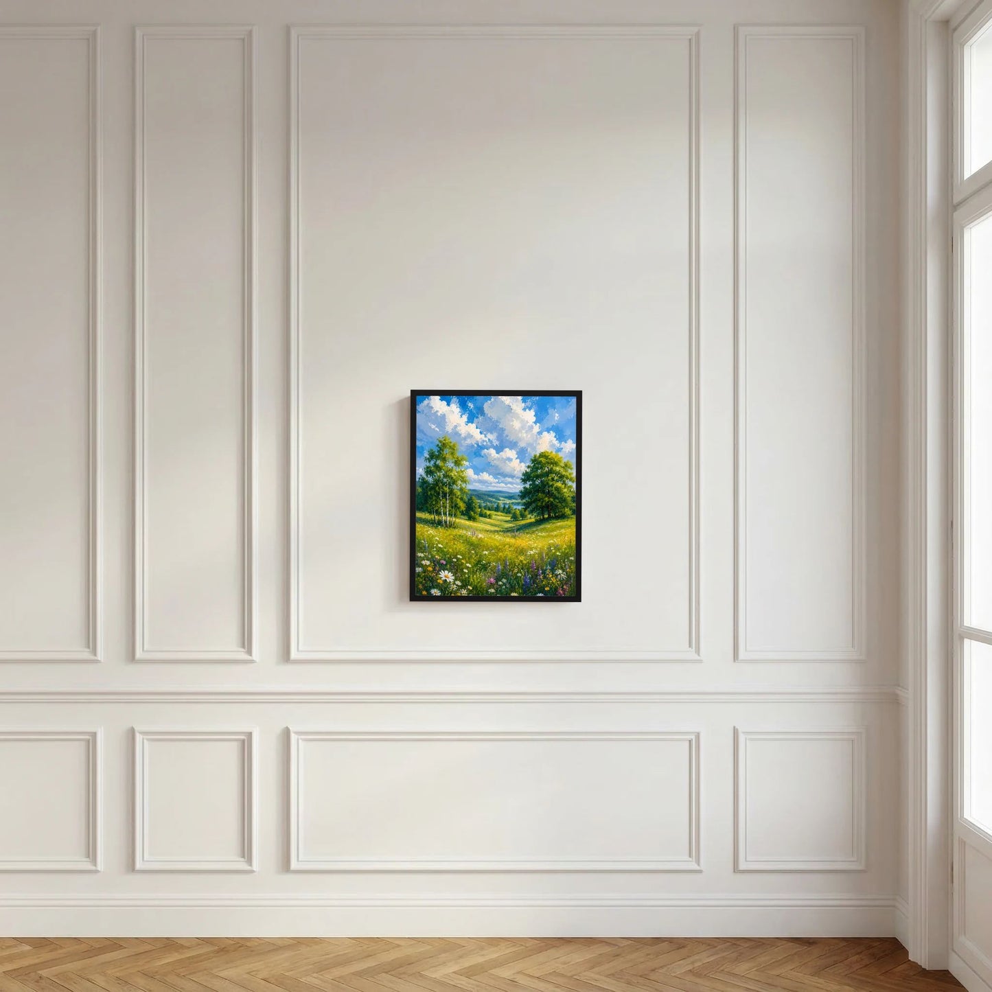Dunkel gerahmtes Kunstposter mit Landschaftsmotiv: blühende Wiese, Bäume und Wolken