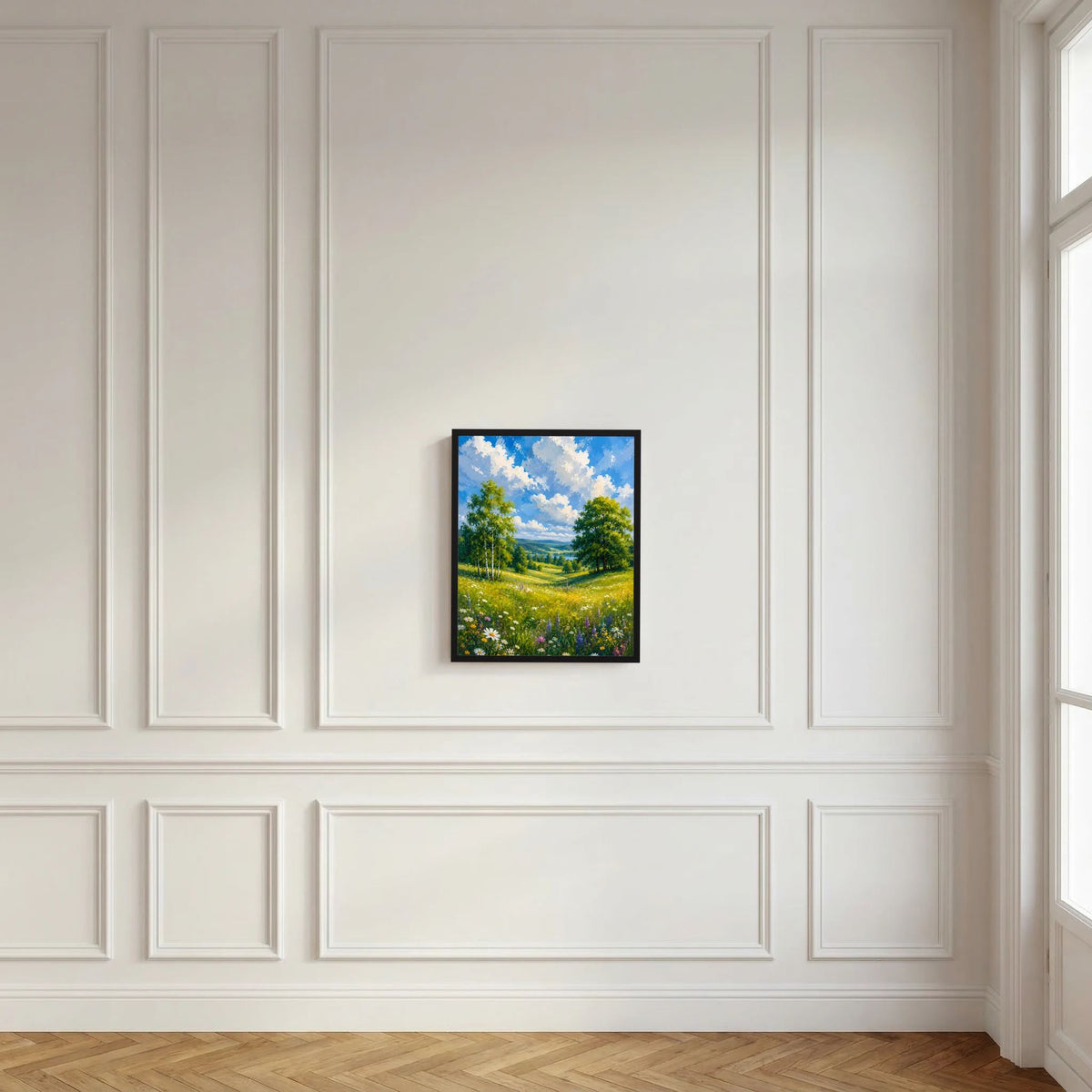 Dunkel gerahmtes Kunstposter mit Landschaftsmotiv: blühende Wiese, Bäume und Wolken
