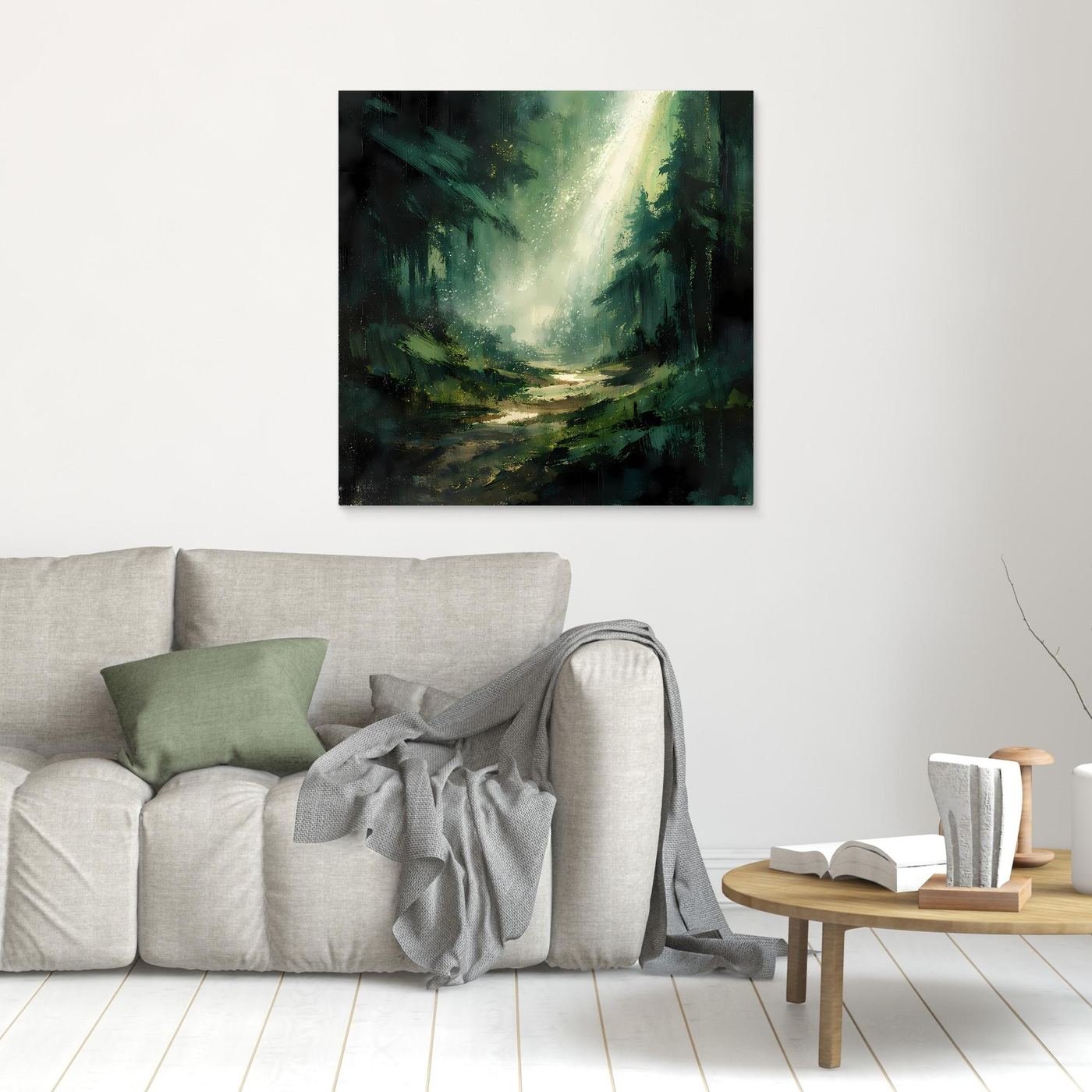Leinwand Magischer Lichtstrahl im Wald | Abstraktes Tannenwald Wandbild Grün