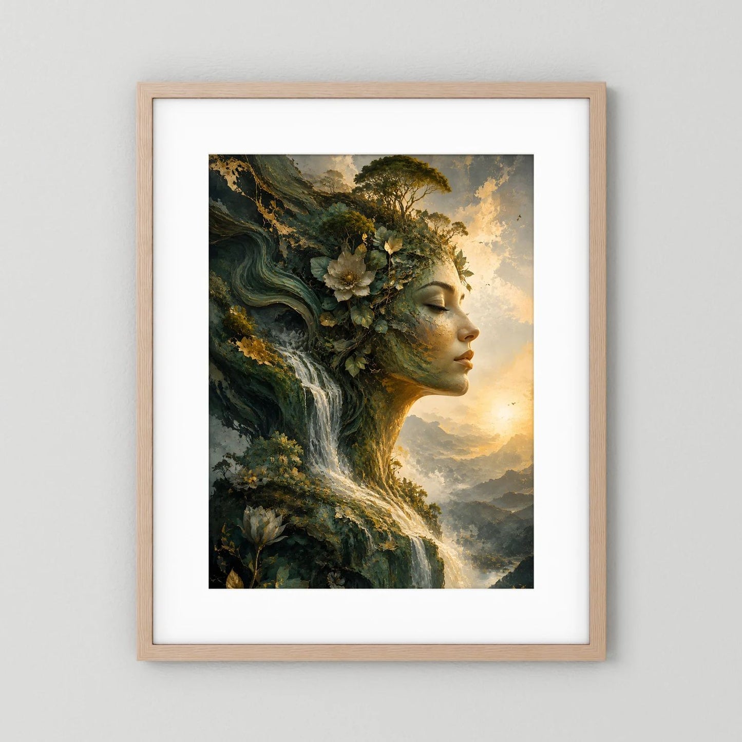 Wandposter Hochformat: Naturfrau mit Wasserfall im Wald, heller Holzrahmen mit weißem Rand