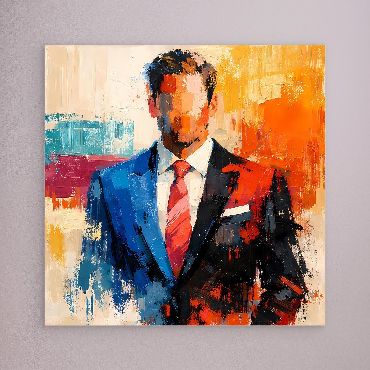 Business wall art print of an elegant man in a blue suit with orange and teal abstract background.