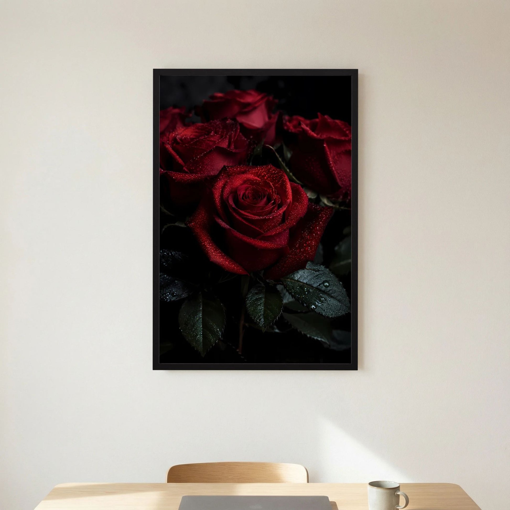 Gerahmtes Hochformat-Poster mit dunkelroter Rose im Fokus, Tautropfen auf Blättern