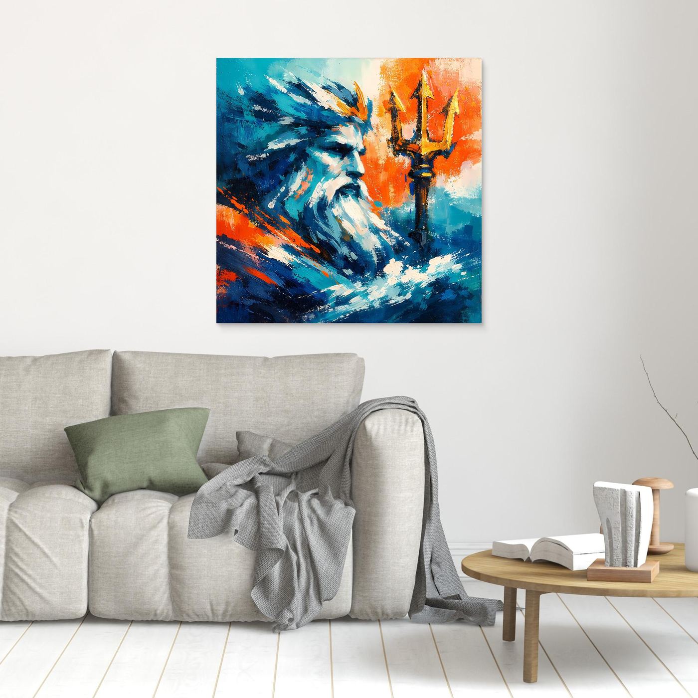 Square abstract sea god wall art with blue and orange strokes and trident.