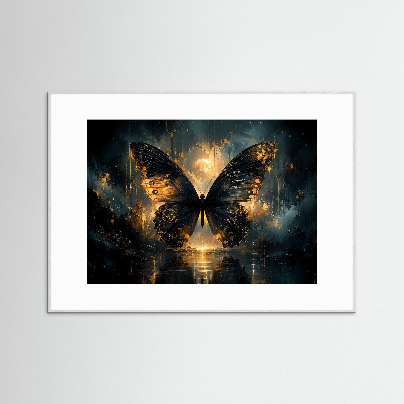 Schmetterlings-Wandposter im grauen Rahmen mit goldener Butterfly-Fantasy-Grafik
