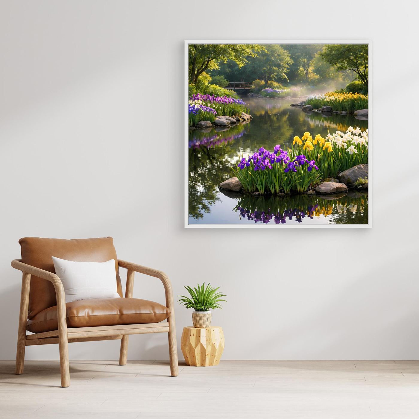 Leinwandbild: Irisblüten am Wasser mit Ufergrün und klarer Reflexion im Teich