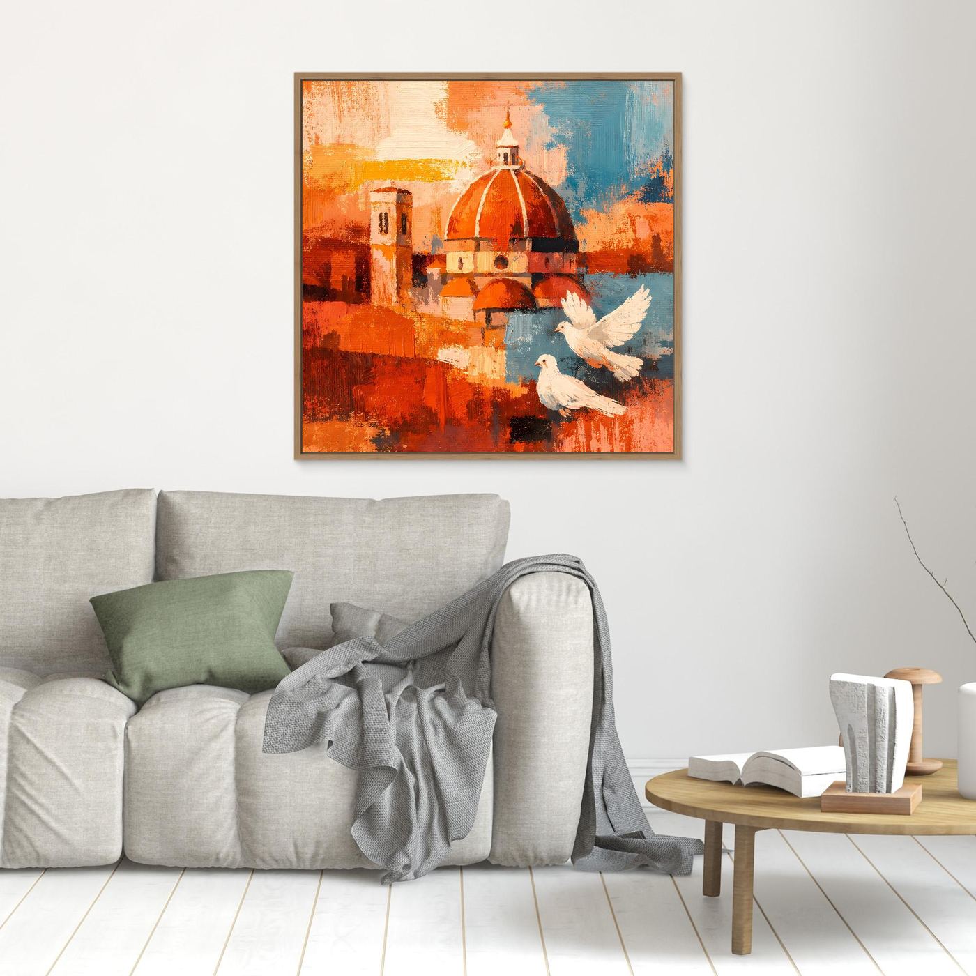 Abstraktes Wandbild mit roter Kuppel und Tauben, farbige Stadtformen, braun gerahmt