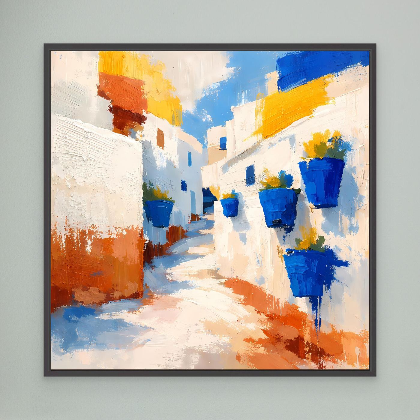 Leinwand Griechische Gasse mit blauen Blumentöpfen | Abstraktes Santorin Wandbild
