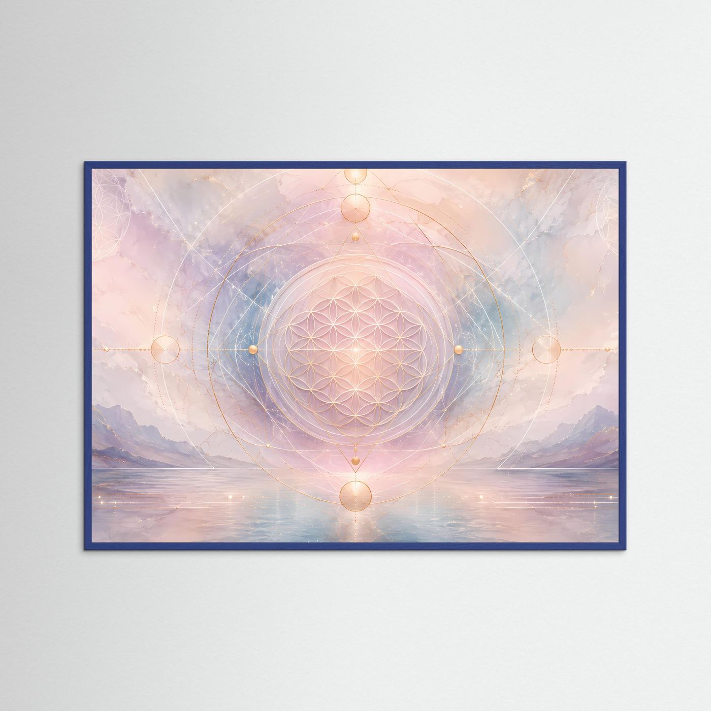 Gerahmtes Poster: Blume-des-Lebens-Mandala in Pastellrosa und Blau, blaue Holzrahmung.