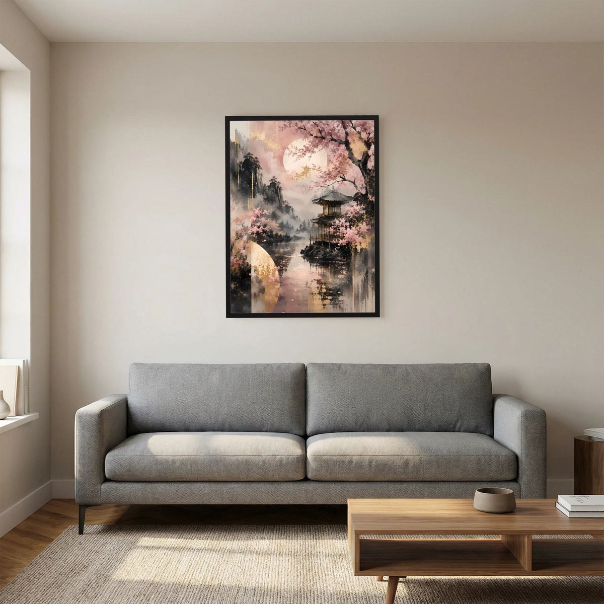 Hochformatposter Kirschblüten-Tempelmotiv am See in Rosa und Gold, schwarzer Rahmen