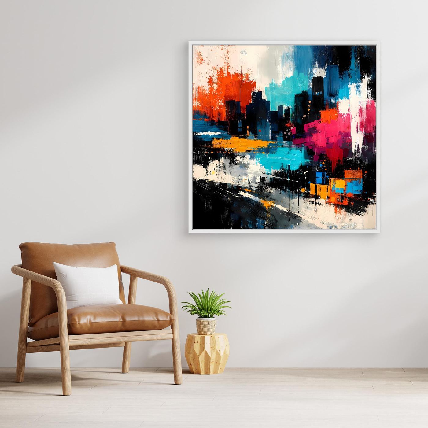 Abstract city skyline wall art with red, blue, teal, and white paint splatters