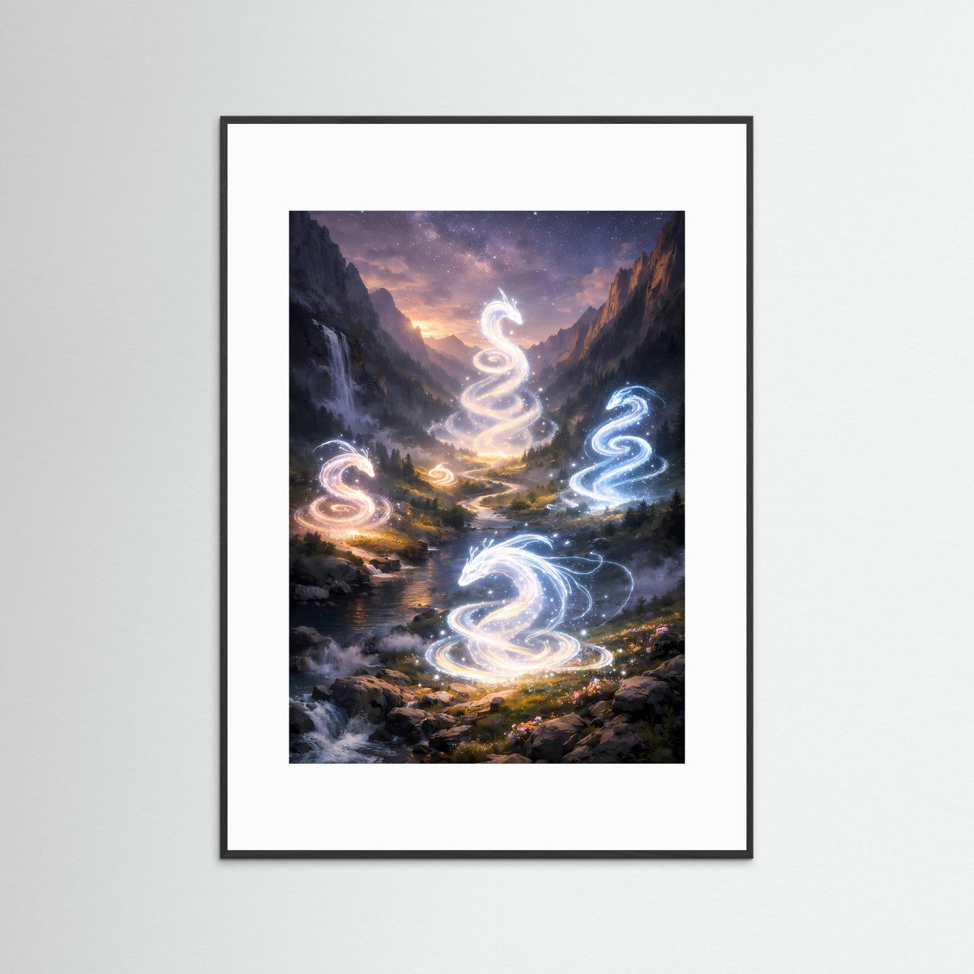 Fantasy-Wandposter mit schwarzem Rahmen und weißem Passepartout, leuchtende Drachengeister