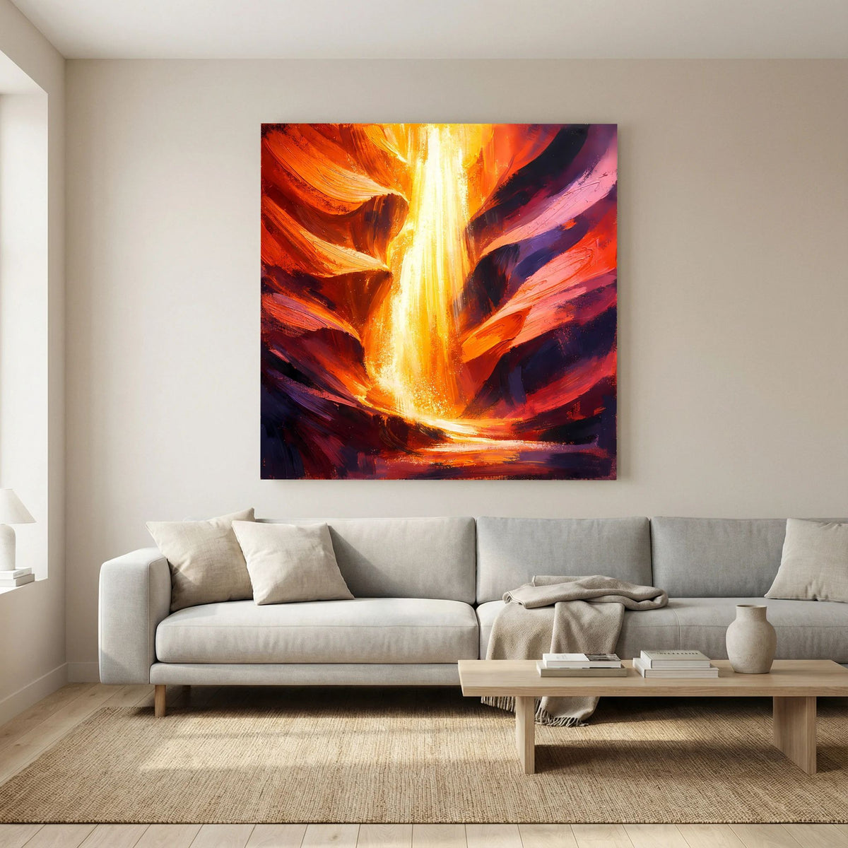 Zentriertes Leinwand-Wandbild: gelb-orangener Lichtstrahl zwischen rot-orangen und dunkelblauen Wirbeln