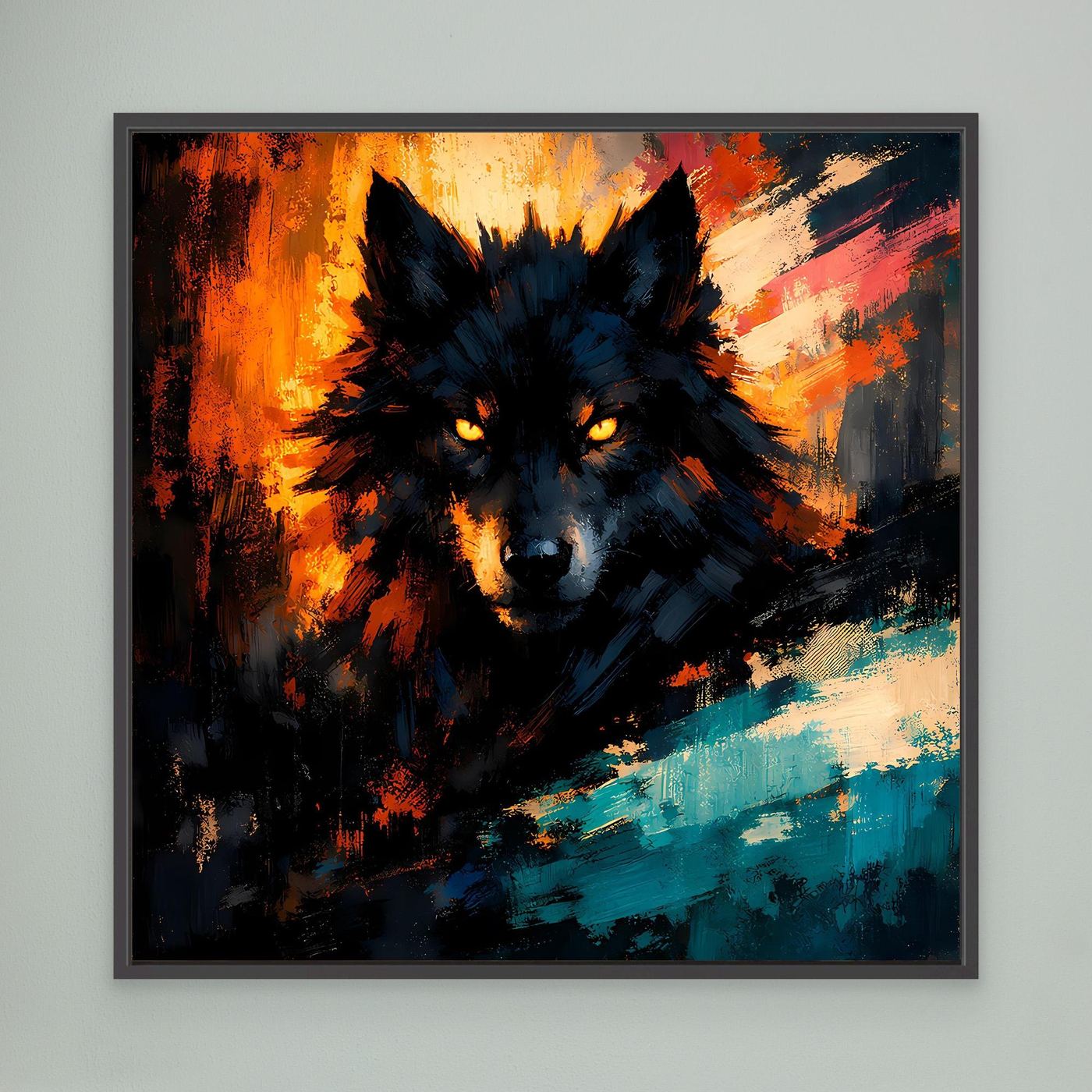 Wandbild mit abstraktem Wolfsgesicht und Flammenoptik, türkisfarbene Pinselstriche, schwarzer Rahmen
