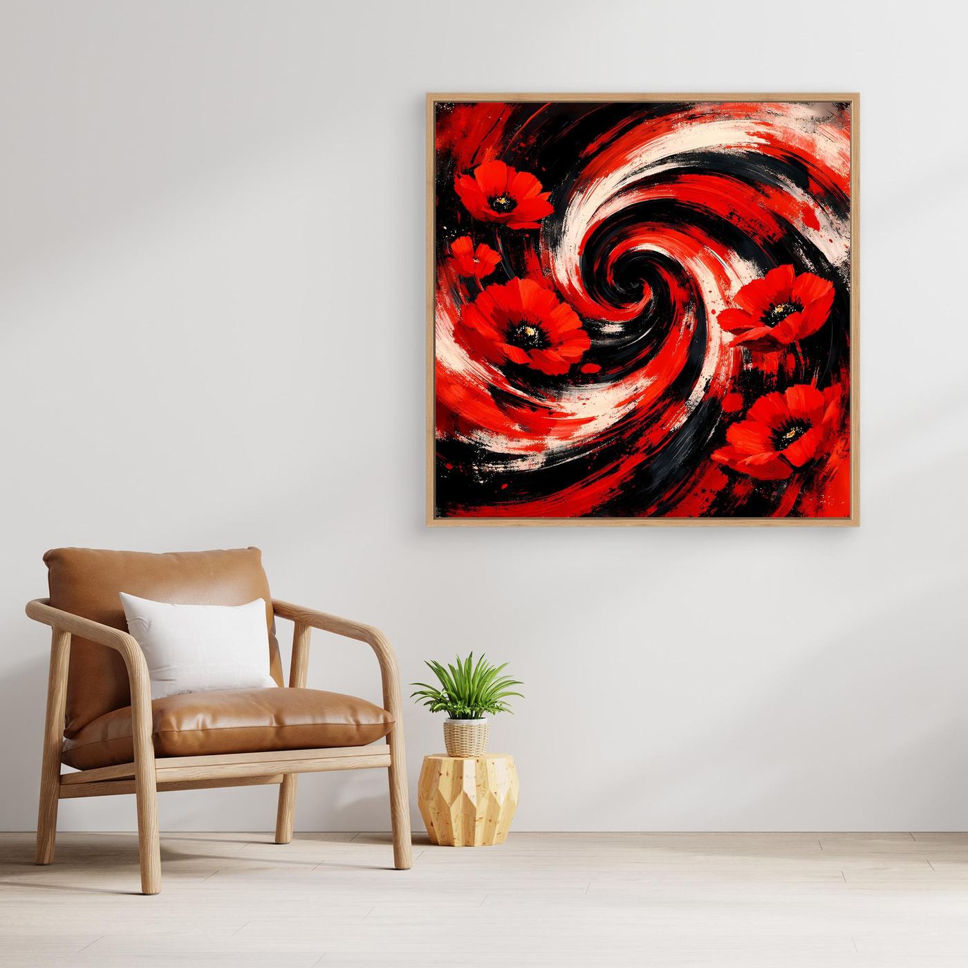 Quadratisches Leinwandbild: rote Mohnblüten, schwarz-weißer Wirbel, naturfarbener Holzrahmen.