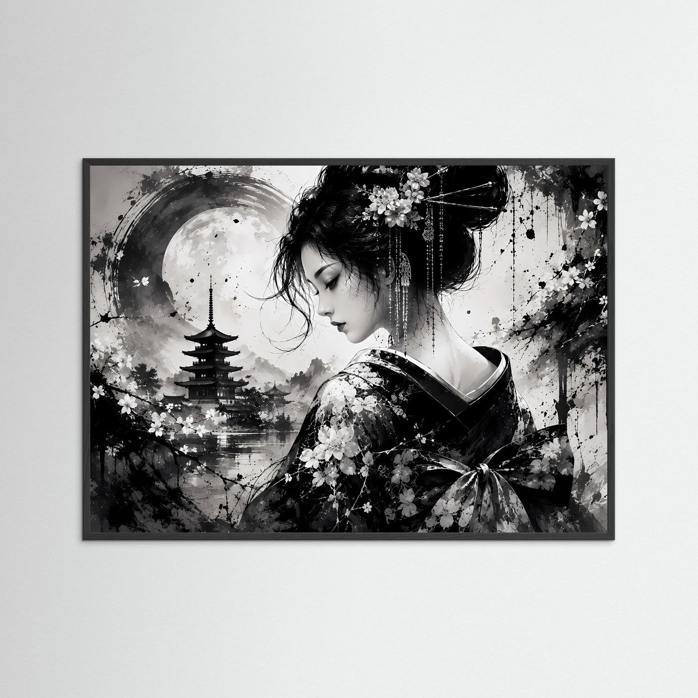 Geisha Poster Schwarz Weiß | Japanische Pagode & Vollmond | Sumi-e Wandbild | Asiatische Zen Kunst | Moderne Japan Wall Art