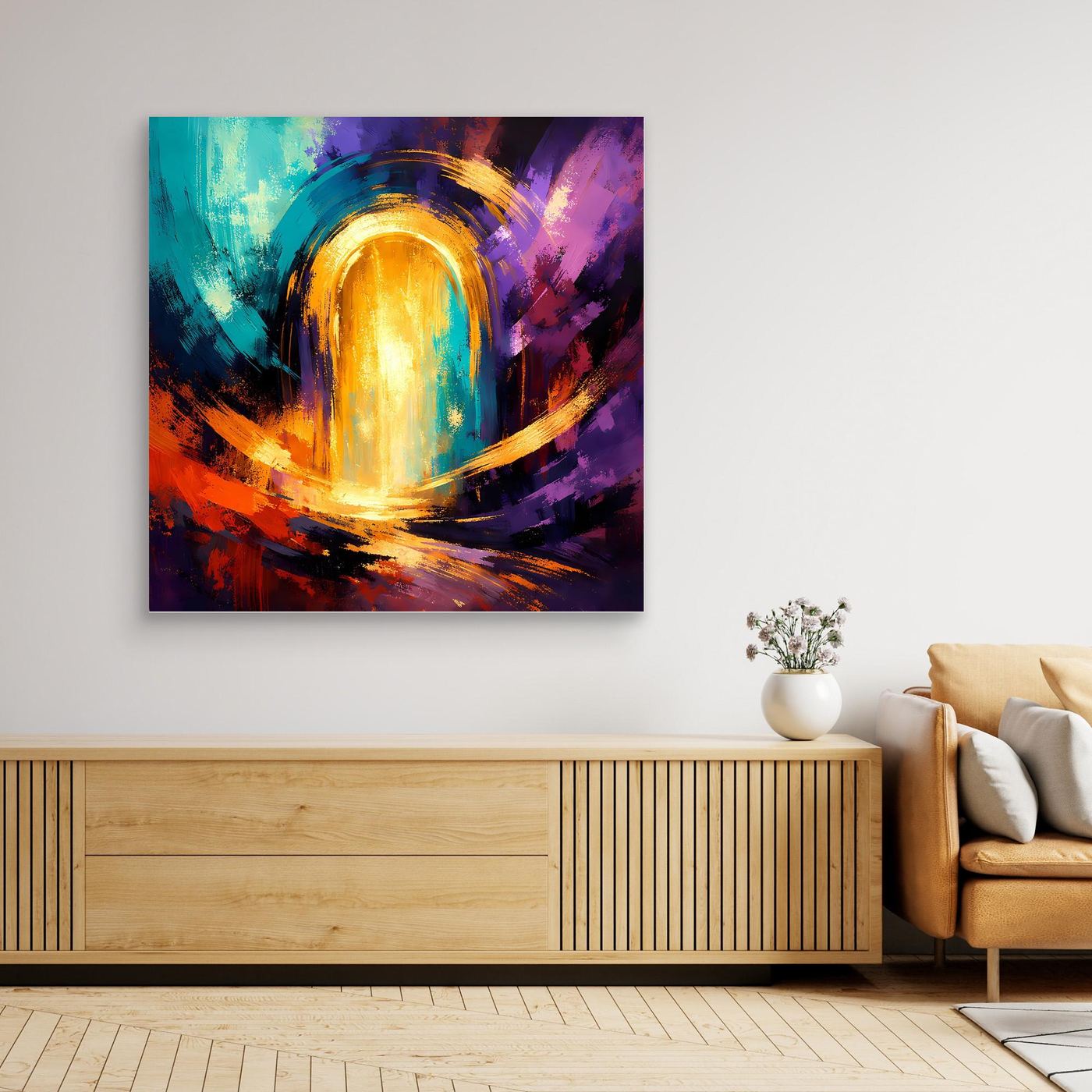 Abstraktes Wandbild mit golden leuchtendem Portal, mit dunklem Rahmen.