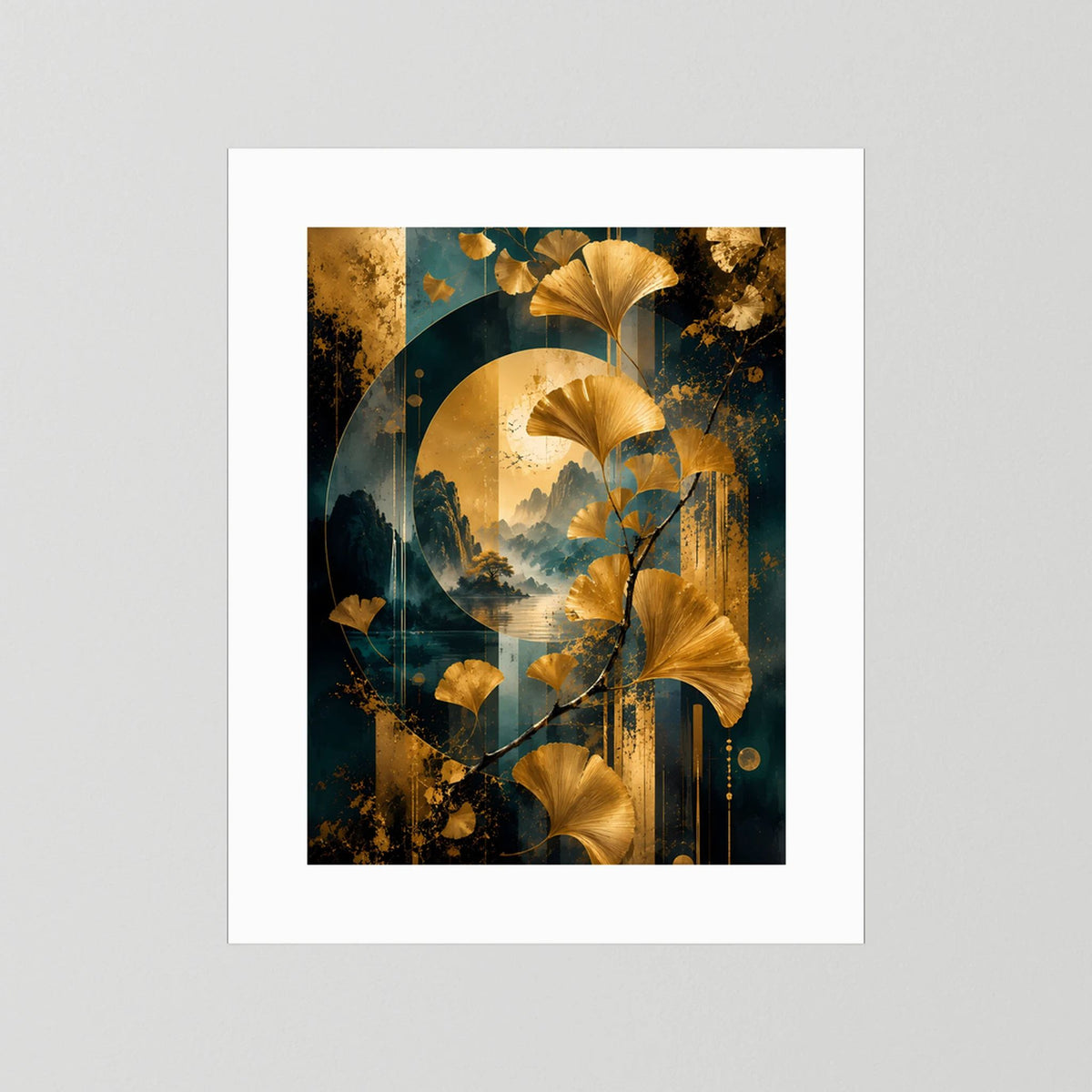 Ginkgo-Poster im Hochformat mit weißem Passepartout, goldene Blätter auf Petrol-Gold