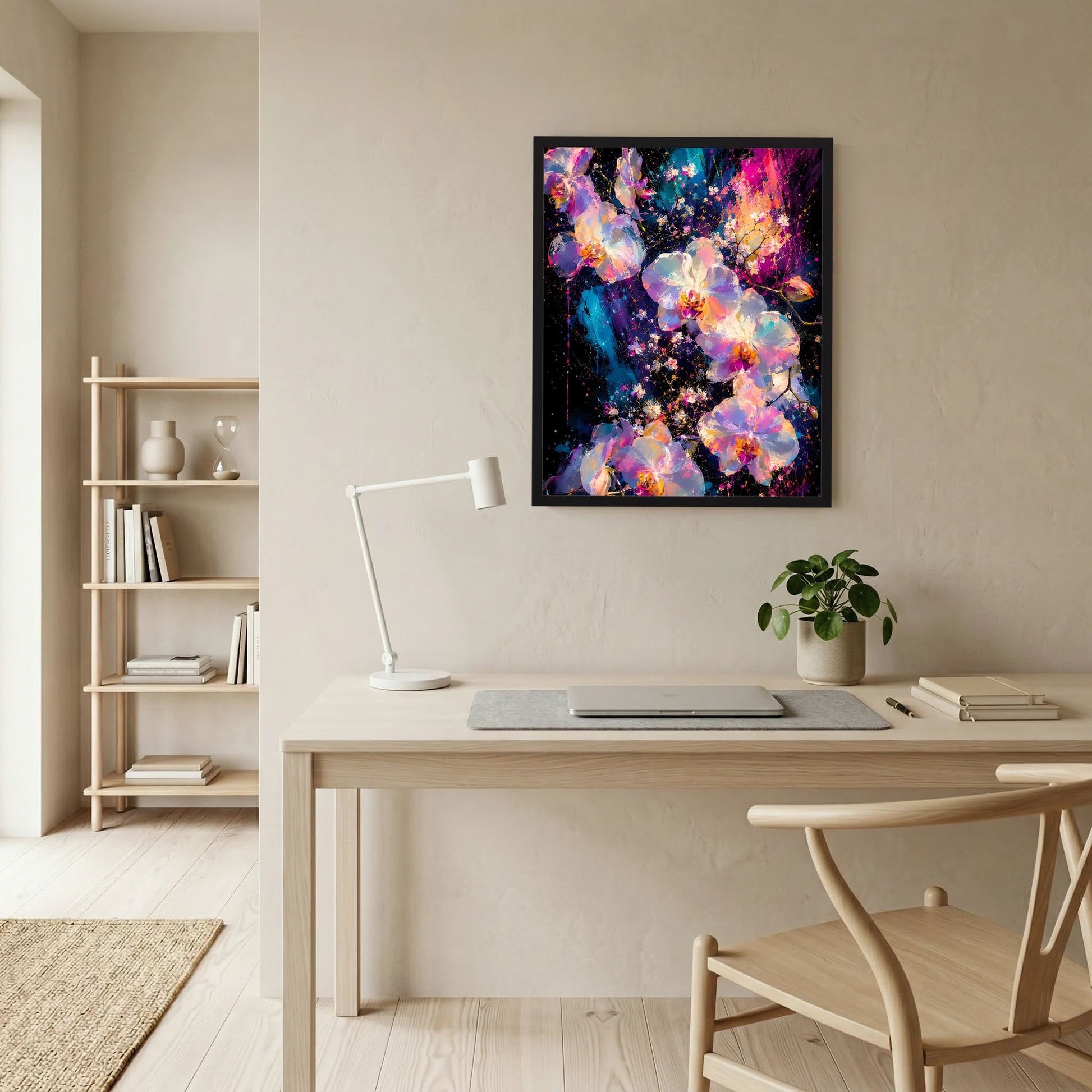 Blumenposter mit abstrakten Orchideen im schwarzen Rahmen, farbig schimmernder Hintergrund