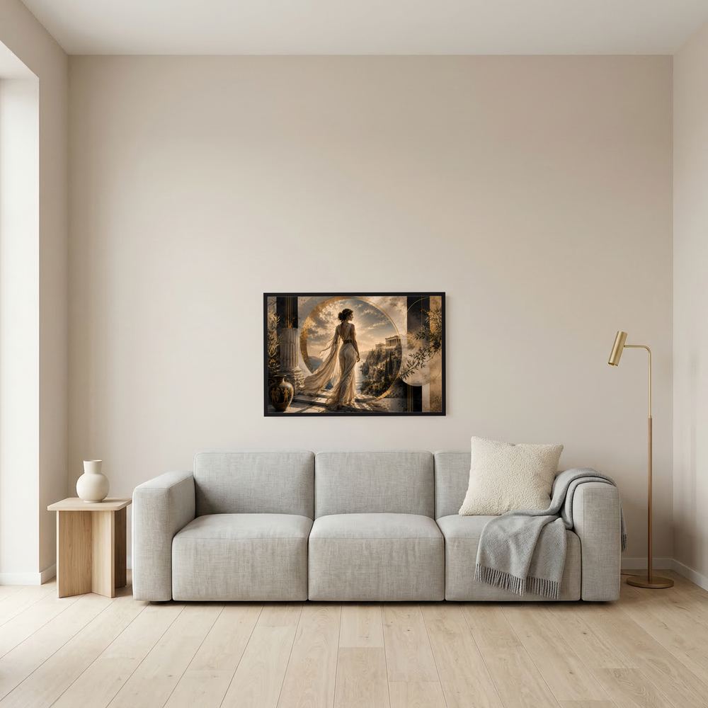 Querformat-Poster mit griechischer Göttin, goldbeige Illustration, schwarzer Rahmen an Wand