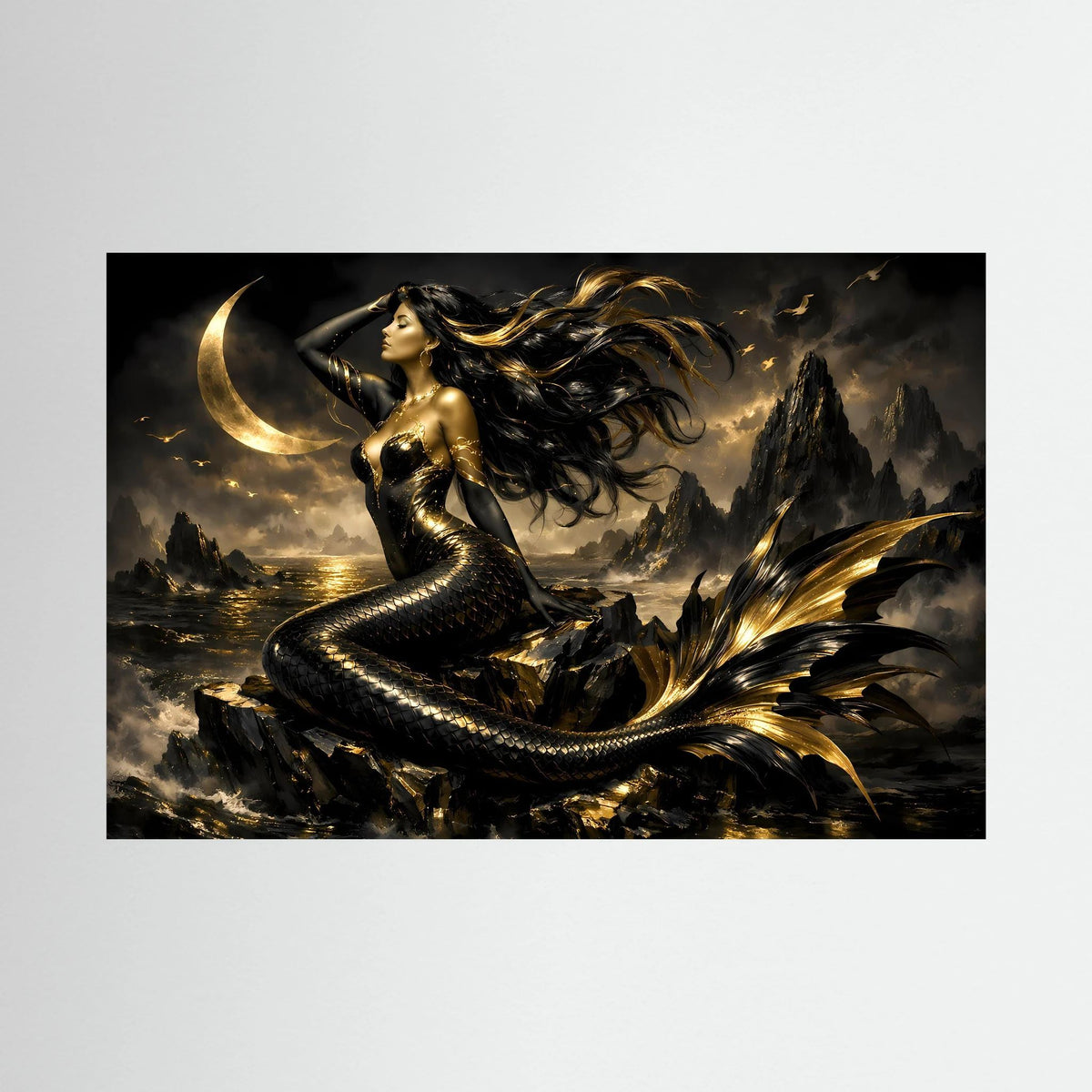 Fantasy-Wandbild mit Meerjungfrau im goldenen Glanz, Mondlicht und dramatischer See im Querformat