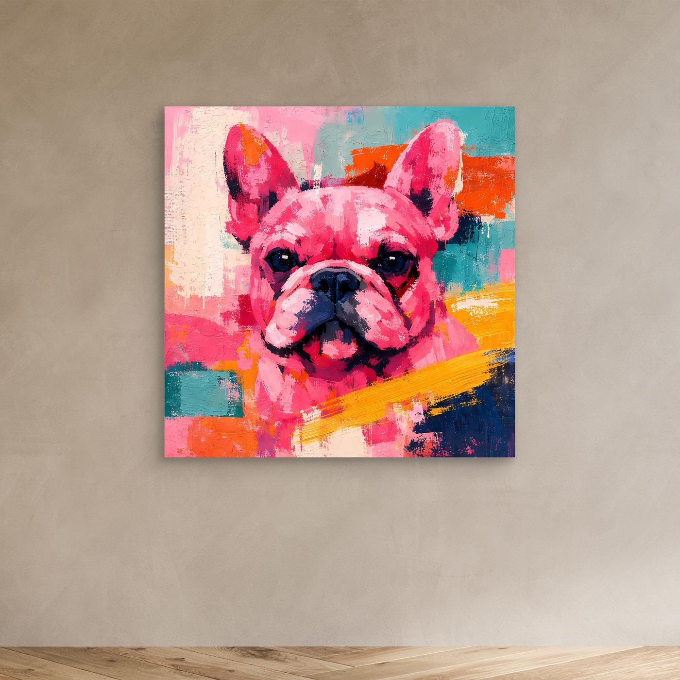 Kleines Farbenfrohes Leinwand-Wandbild mit Porträt einer Französischen Bulldogge, ohne Rahmen