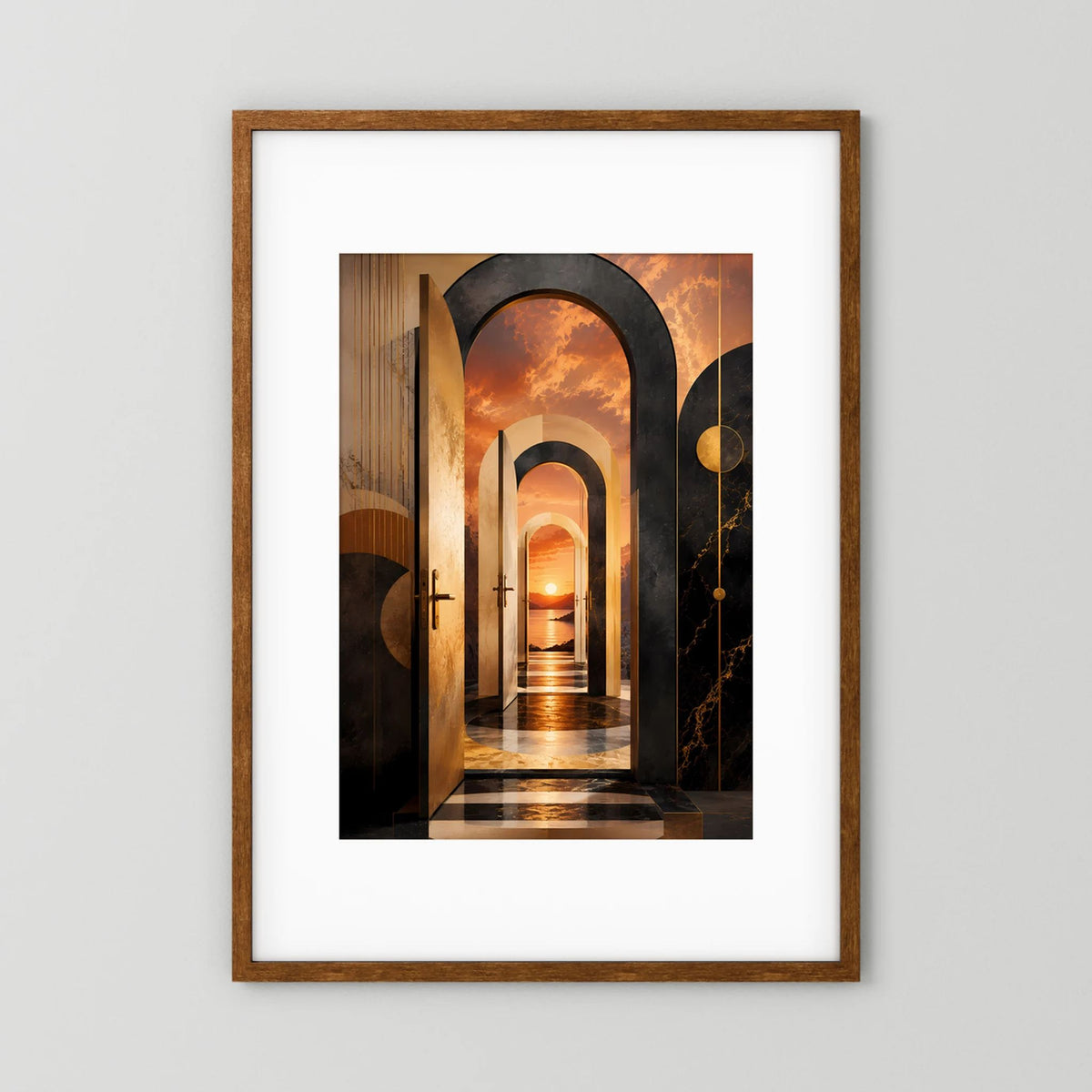 Poster im Hochformat mit dunkelbraunem Holzrahmen, surrealer Flur-Grafik mit warmem Licht