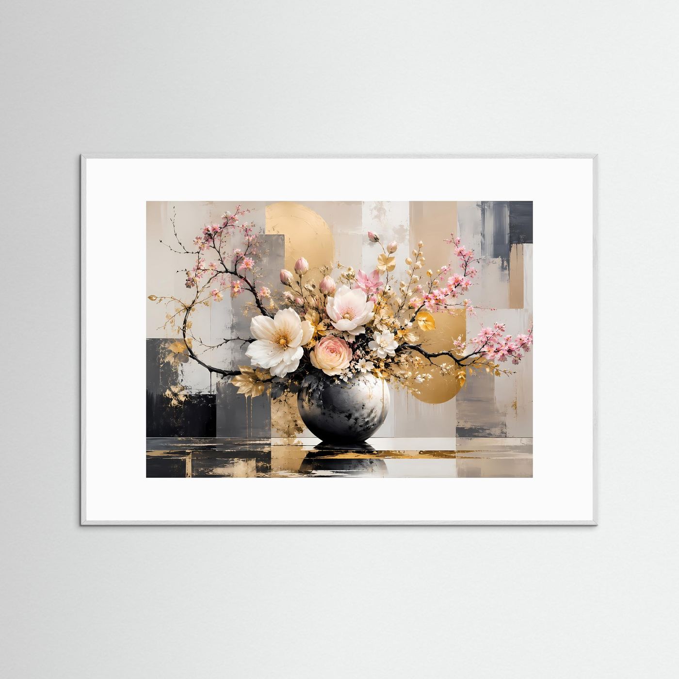 Elegantes Blumenarrangement in Gold & Weiß | Modernes Florales Wandbild Querformat