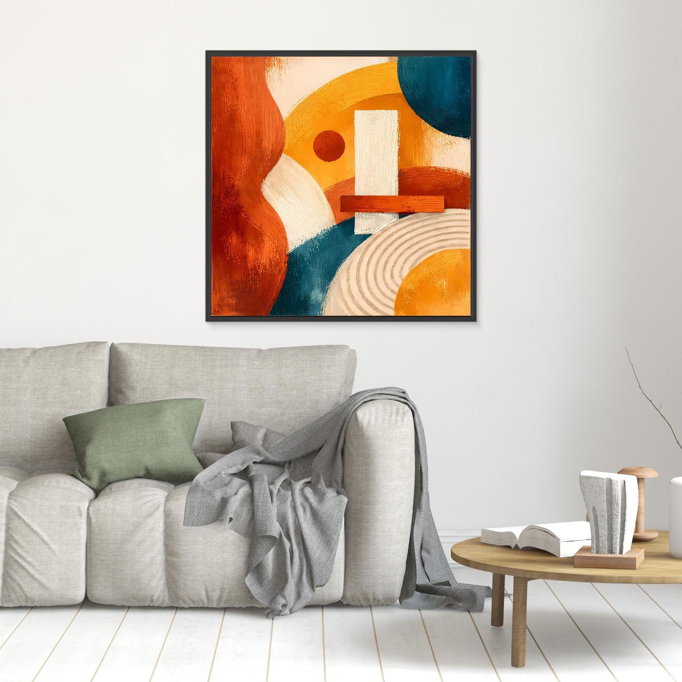Wandbild auf Leinwand mit geometrischen Motiven: Terrakotta, Blau, Ocker, helle Linien
