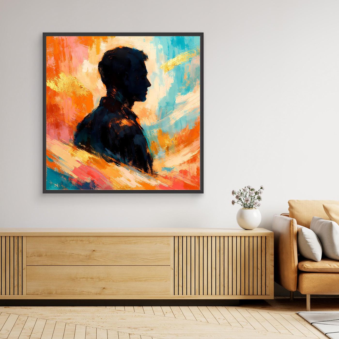Leinwandbild mit abstrakter Silhouette eines Mannes, farbenfroher Hintergrund, schwarzer Rahmen