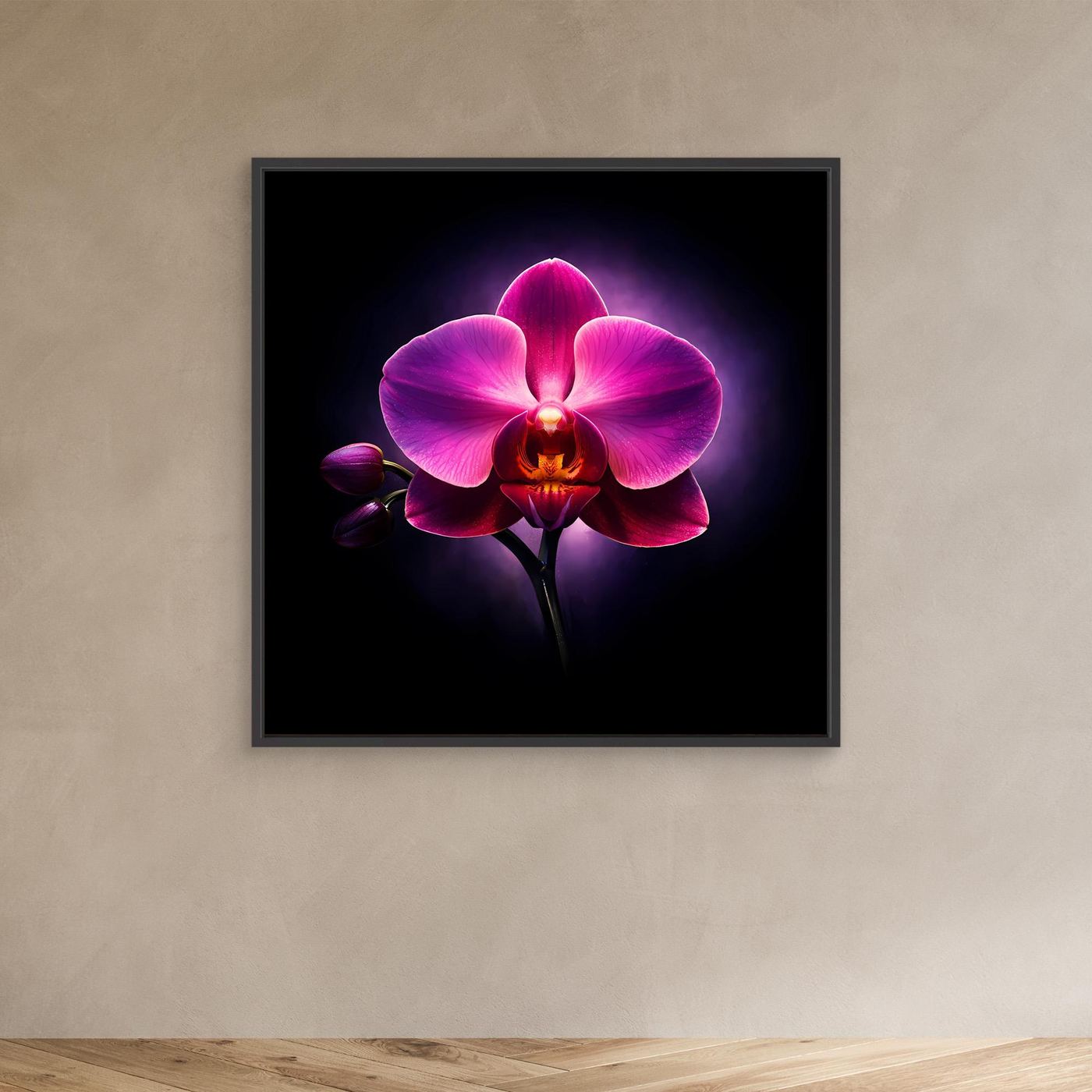 Leinwandbild mit abstrakter Orchidee, pink-lila Blüte, mit schwarzem Rahmen