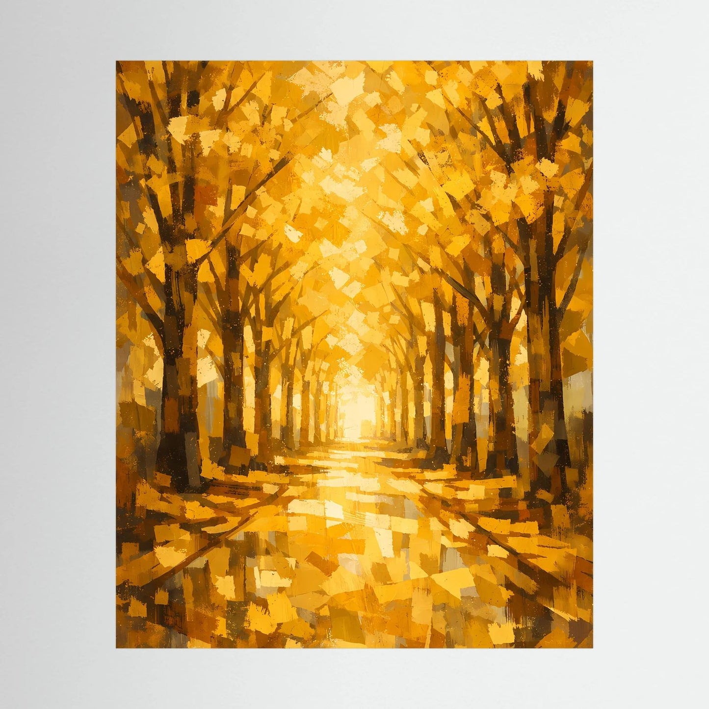 Hochformatiges Poster mit goldener Baumallee und herbstlichen Bäumen in warmen Farbtönen