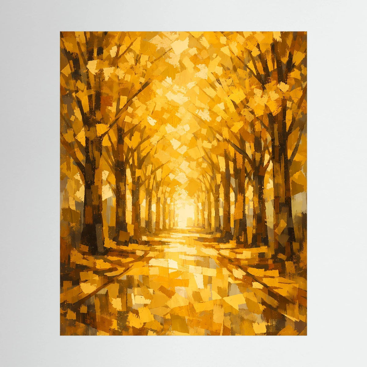 Hochformatiges Poster mit goldener Baumallee und herbstlichen Bäumen in warmen Farbtönen