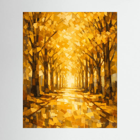 Hochformatiges Poster mit goldener Baumallee und herbstlichen Bäumen in warmen Farbtönen