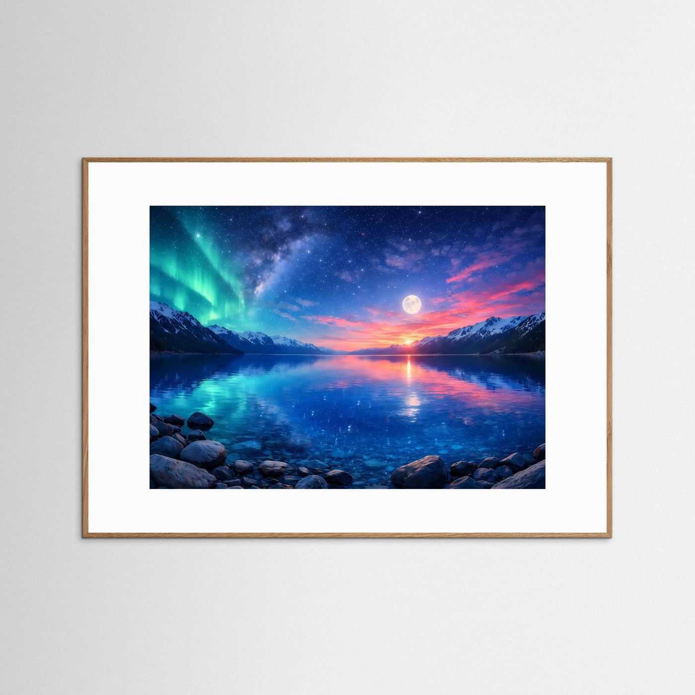 Gerahmtes Poster mit weißem Passepartout, Polarlichter über See und Mond