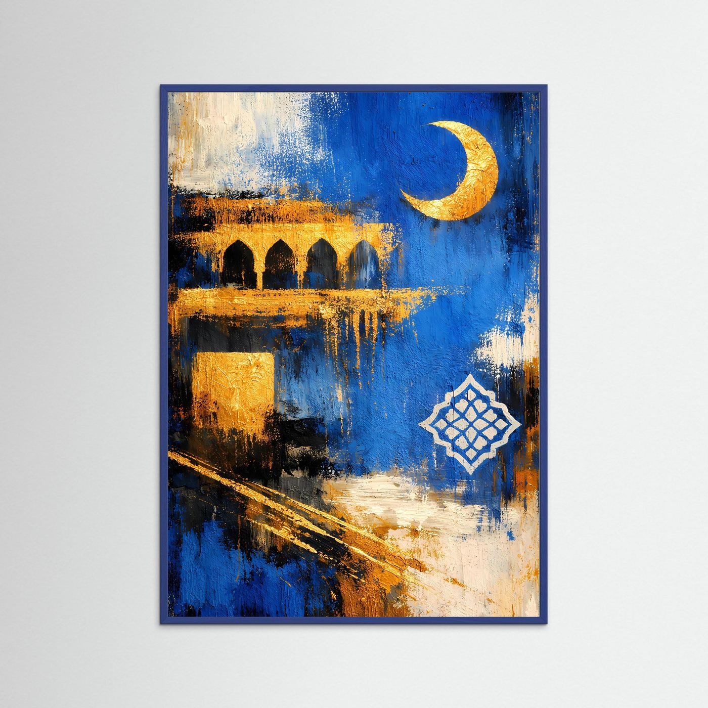 Hochformatiges Poster mit blauem Rahmen: abstraktes Mosaik, goldener Sichelmond, Ornament