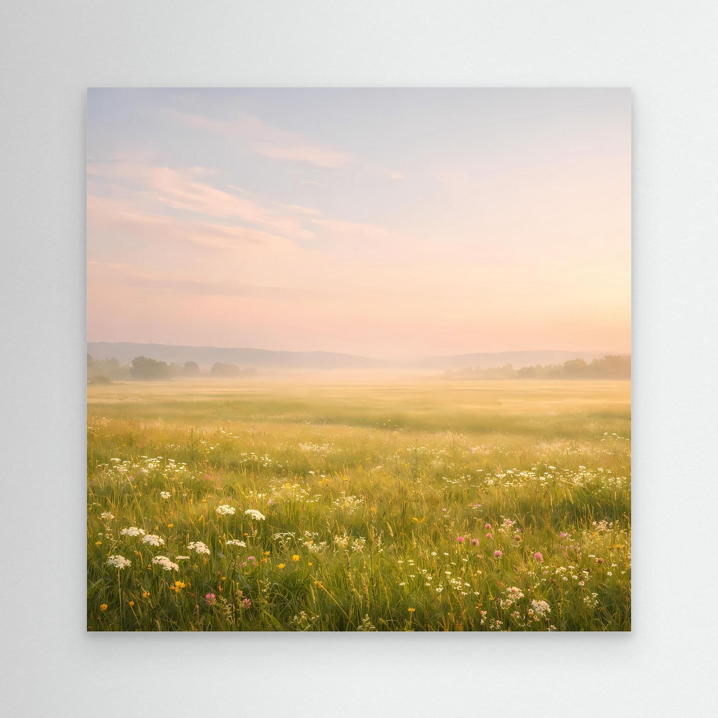 Leinwandbild Neblige Blumenwiese mit Wildblumen, goldgrünes Gras und Pastellhimmel