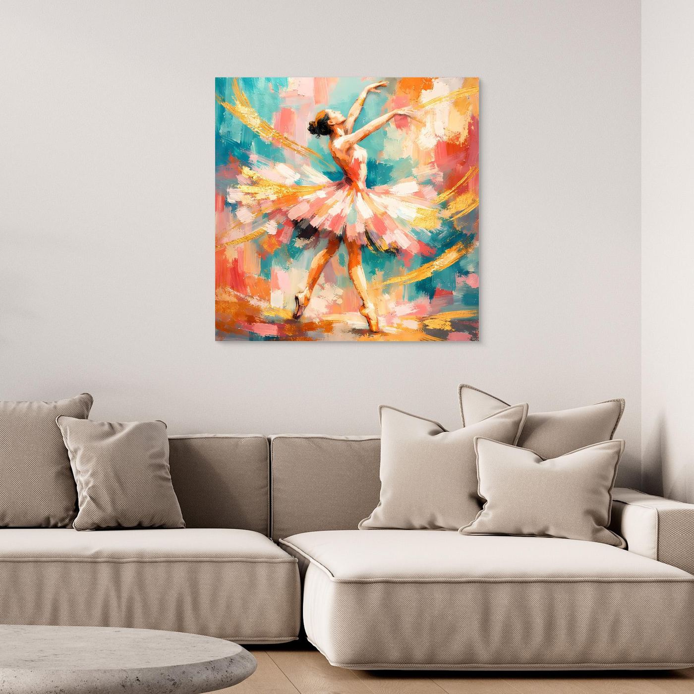Buntes Leinwandbild mit abstrakter Ballerina in Sprungpose, keine sichtbare Rahmung