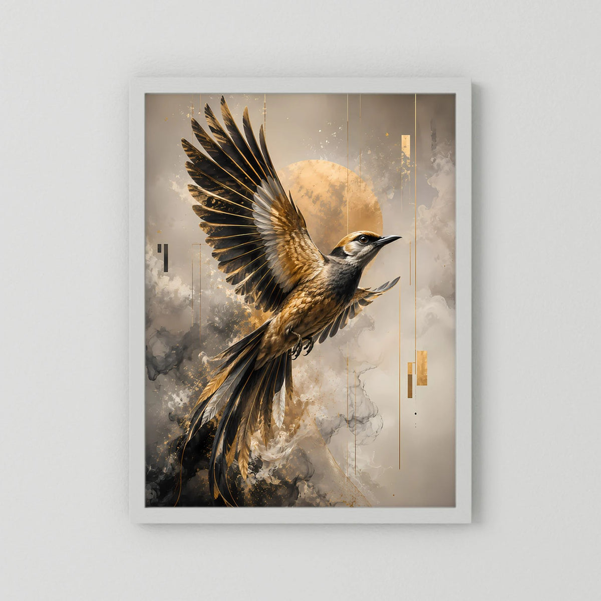 Hochformat-Kunstposter: Paradiesvogel im Flug, Schwarz-Gold, weiße Einrahmung