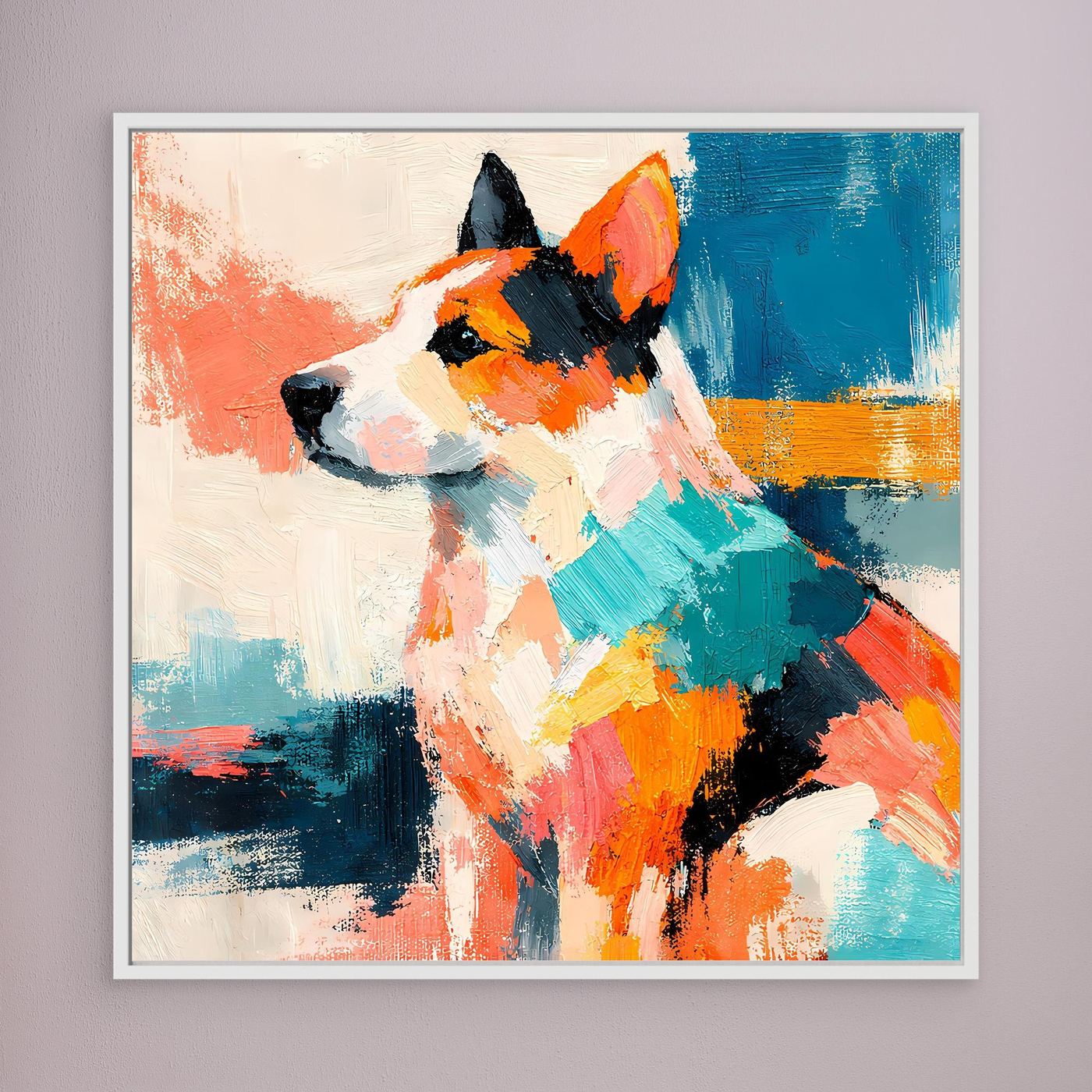 Leinwandbild mit weißem Rahmen: abstrakter Hund im Pop-Art-Stil, bunte Pinselstruktur