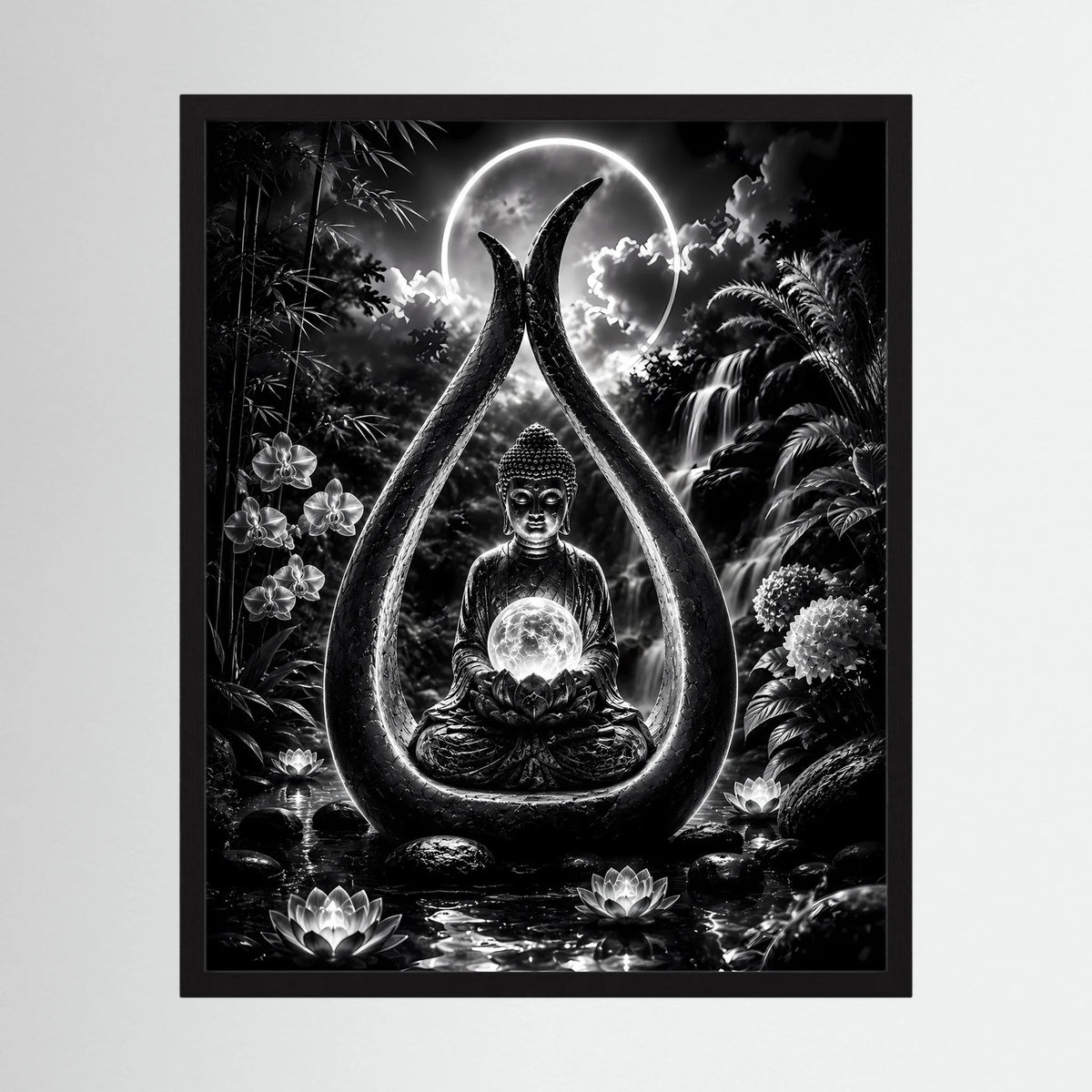 Gerahmtes Poster mit Buddha-Motiv im Mondlicht, Schwarzweiß, Hochformat
