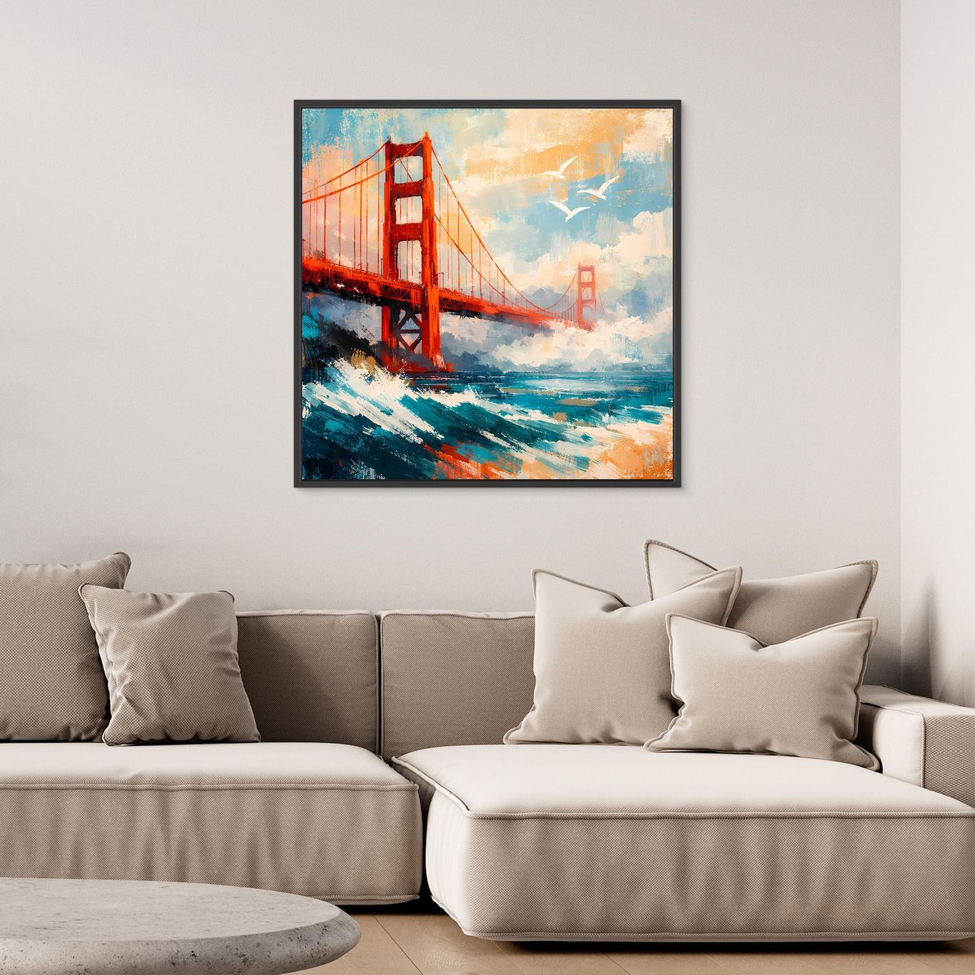 Abstraktes Leinwand-Wandbild der Golden Gate Bridge mit schwarzem Rahmen.